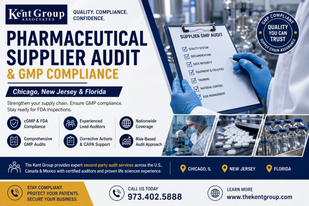 Pharmaceutical supplier audit team reviewing GMP compliance documents