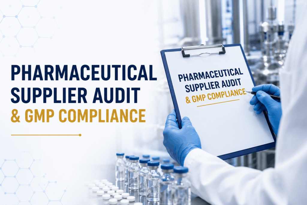 Pharmaceutical supplier audit team reviewing GMP compliance documents