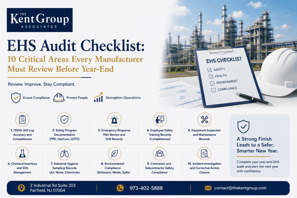 EHS audit checklist for manufacturers reviewing OSHA compliance, workplace safety, environmental controls, and year-end compliance readiness
