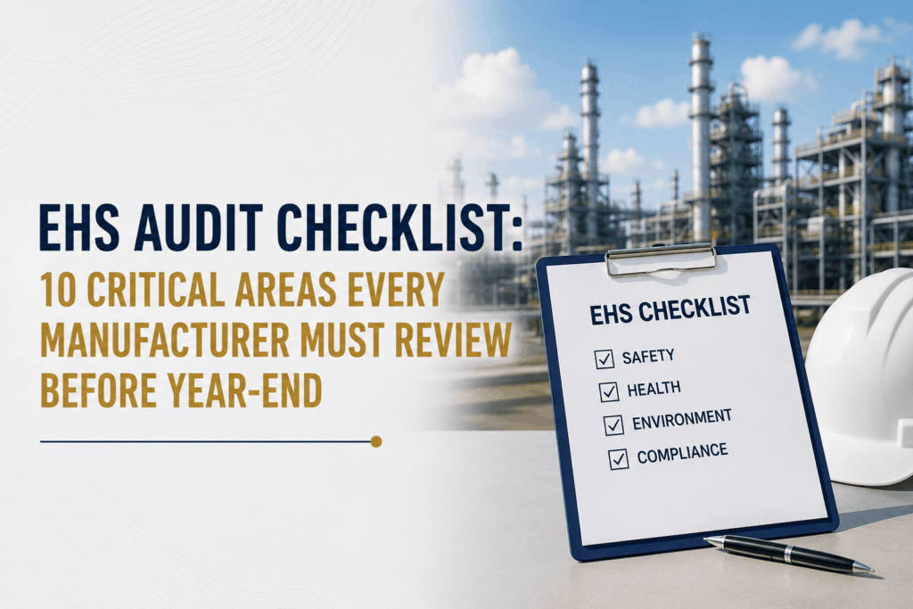 EHS audit checklist for manufacturers reviewing OSHA compliance, workplace safety, environmental controls, and year-end compliance readiness
