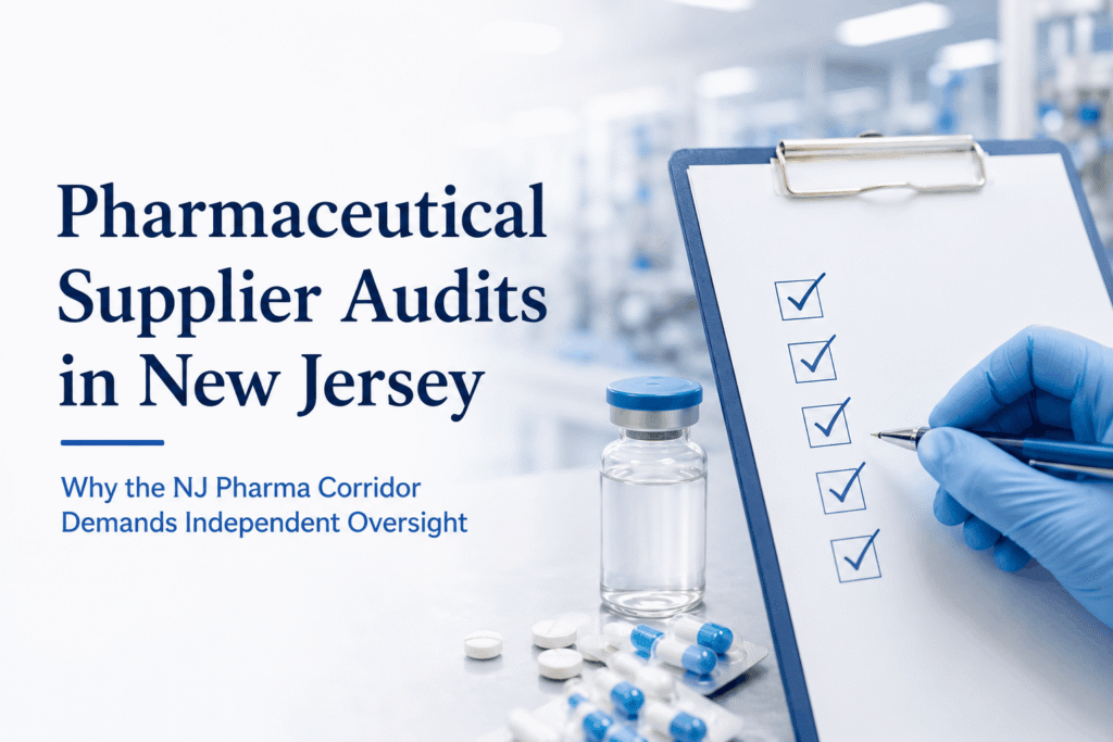 Pharmaceutical supplier audit in New Jersey evaluating FDA cGMP compliance and pharmaceutical quality systems.