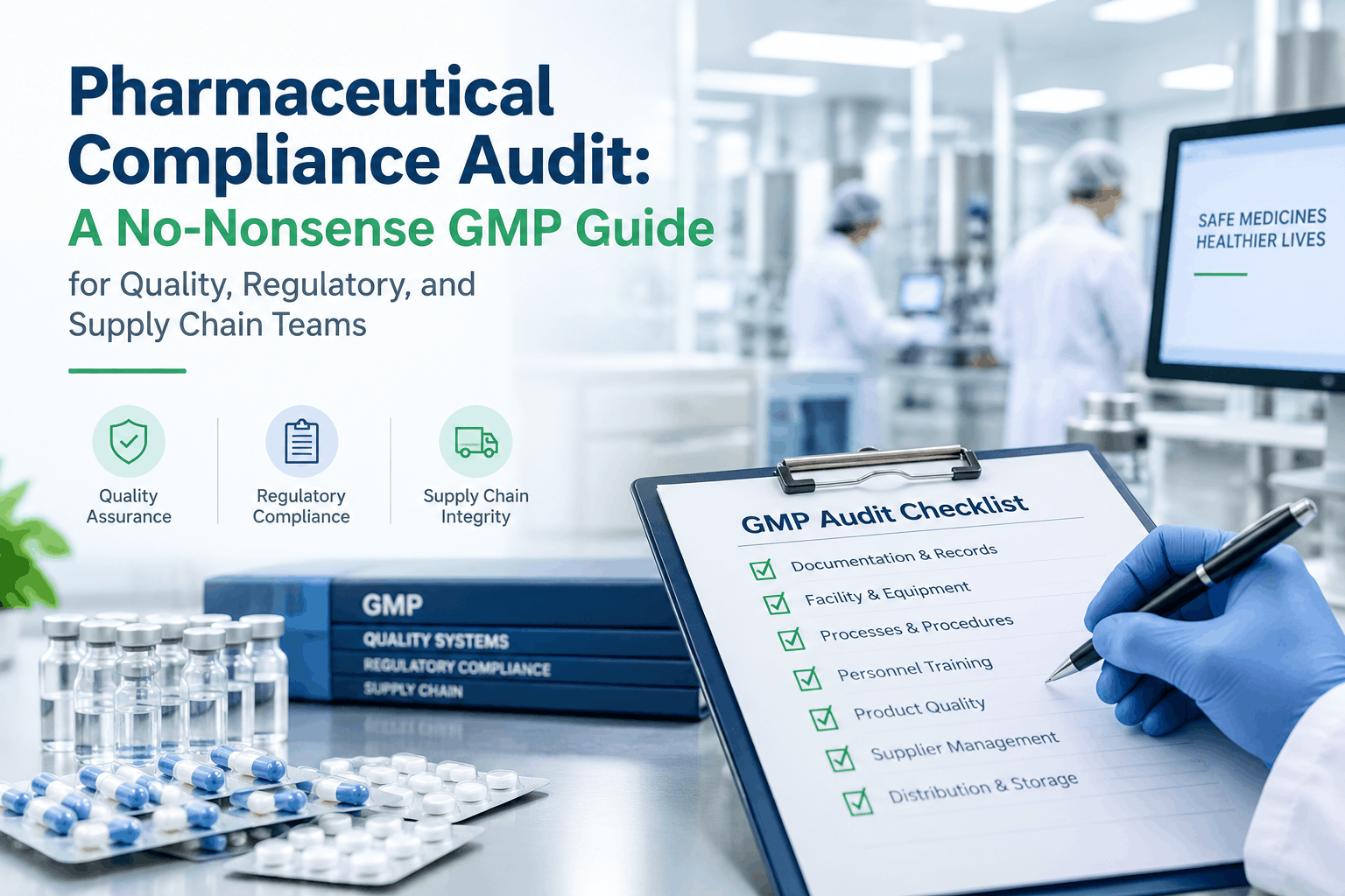 Pharmaceutical compliance audit for GMP, quality systems, supplier controls, and regulatory readiness